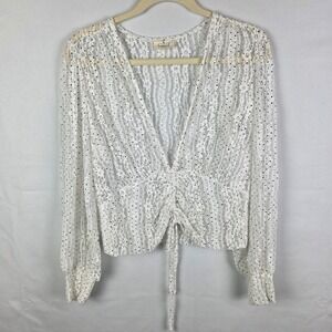 Ember White Floral Lace Polka Dot V-Neck Cinched Front Blouse Large Empire Milk